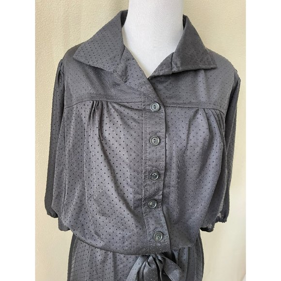 Vintage Black Sheer Embossed Polka Dot Pleated Half Button Down Tie Waist Dress - Picture 2 of 12